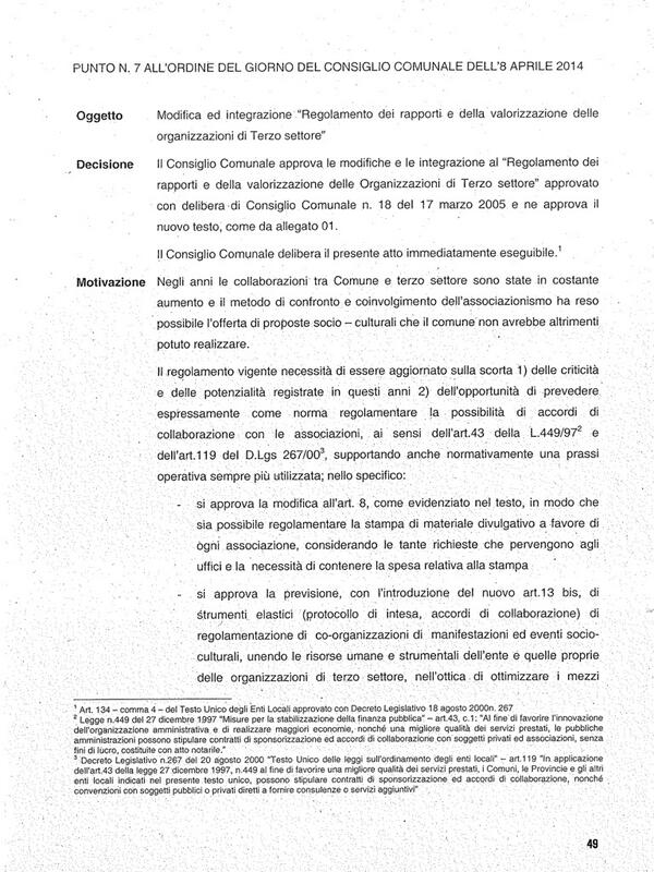 Passiamo al punto 7 : modifica regolamento rapporti con organizzazione del terzo settore #opendalmine http://t.co/AAVgveyDBg